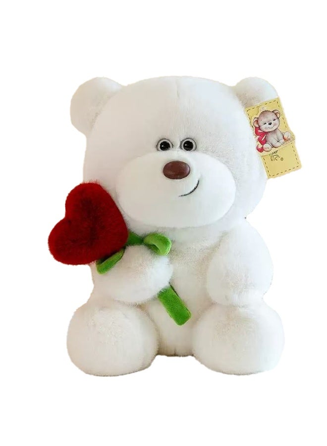 المنزل الذكي دمية دب تيدي بيضاء من هوم سمارت تحمل وردة على شكل قلب أحمر، طولها 28 سم - لعبة محشوة ناعمة من القطيفة، هدية مثالية لعيد الحب والذكرى السنوية وأعياد الميلاد - Image 1